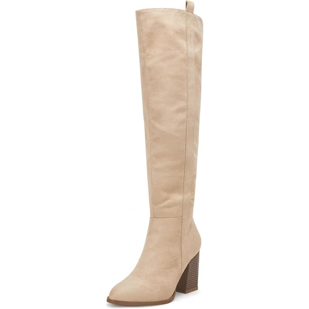 Womens Beige Faux Suede Knee High Side Zipper Chunky Heel Stretch Winter Boots